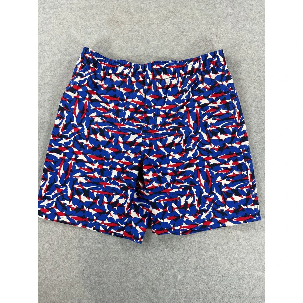 Columbia PFG Mens Shark Print Swim Trunks Red White Blue L 14/16 Omni-Shade 2655